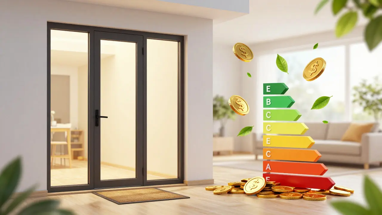 Symbolik von Energieeinsparung und Komfort durch eine neue Haustür