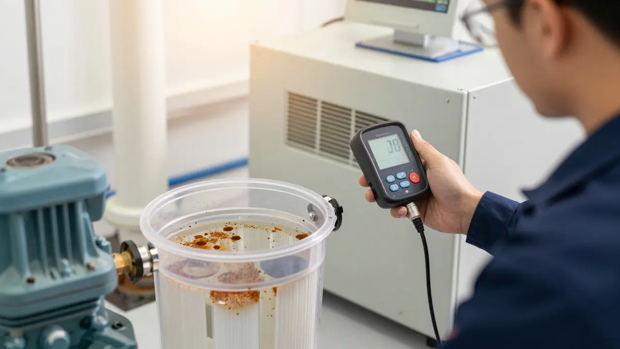 Techniker prüft Filter und Wasserqualität in einer modernen Heizung