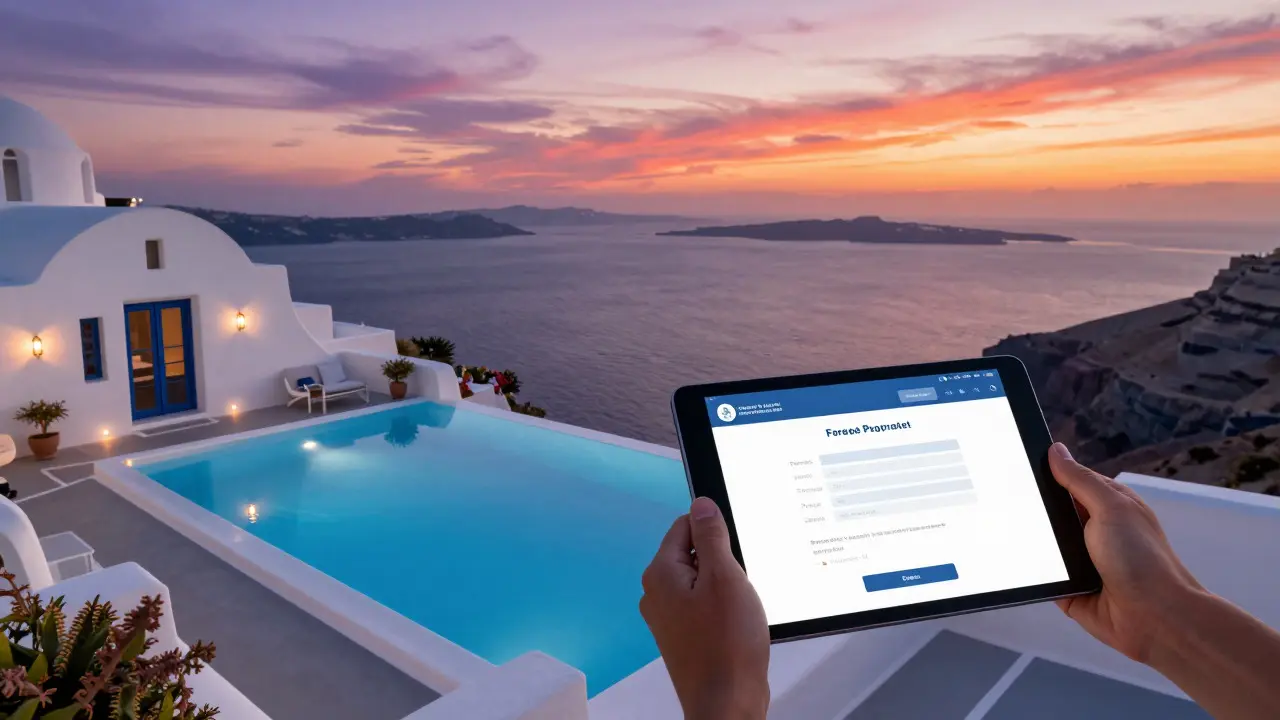 Traumvilla am Mittelmeer bei Sonnenuntergang mit Tablet im Vordergrund