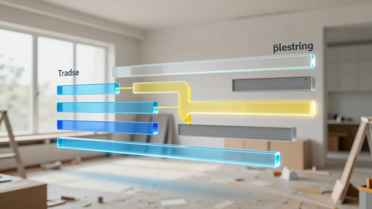 Abstrakte Visualisierung eines Bauzeitenplans mit farbigen Balken für Gewerke