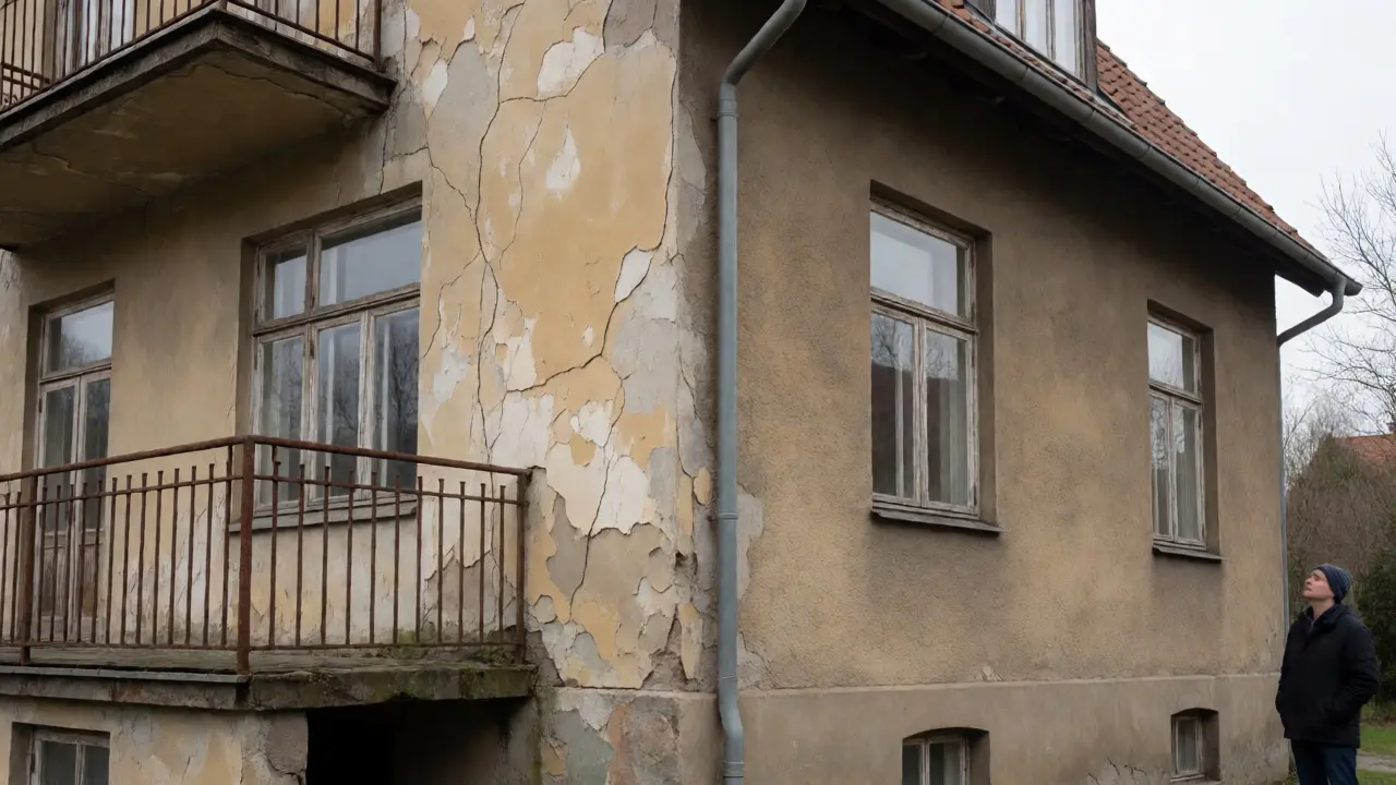 Alte Hausfassade mit Rissen und Balkon zur Inspektion