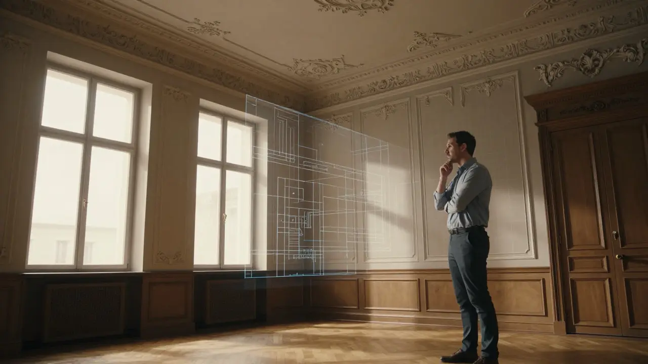 Appraiser inspecting a historic room with subtle digital overlay effects