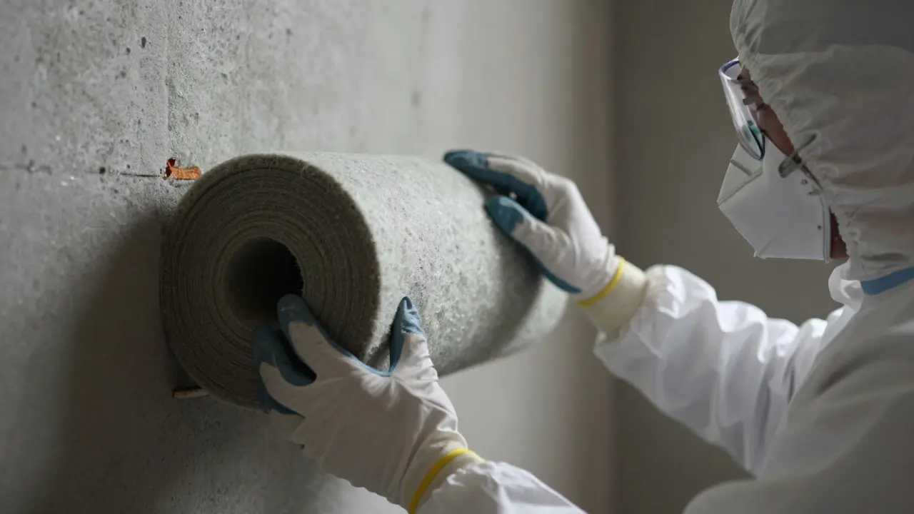Arbeiter mit Schutzkleidung installiert Steinwolle-Dämmung in der Wand