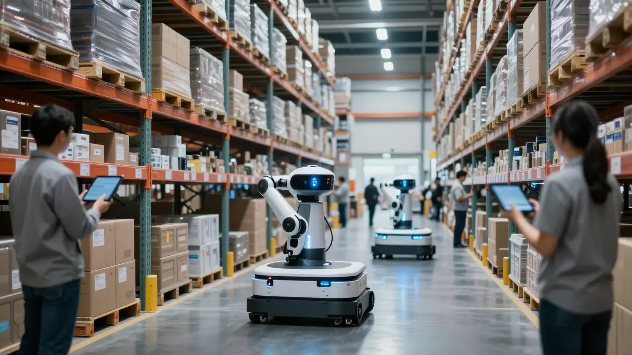 Automatisiertes Lager mit Robotern und KI-gestützter Warenverwaltung