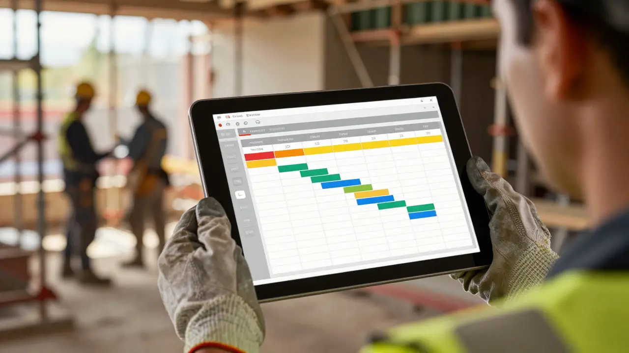 Bauleiter prüft den Zeitplan auf einem Tablet auf der Baustelle