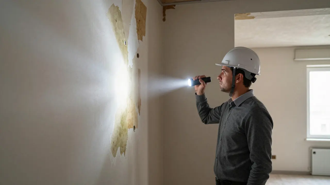 Building inspector using a flashlight to check for hidden damage in an old wall