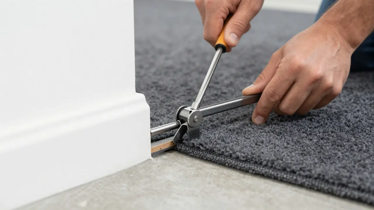 Close-up of hands using a tool to stretch carpet against a wall