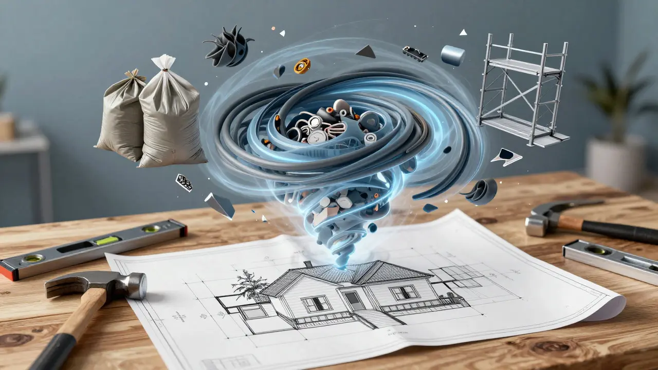 Conceptual art showing abstract construction waste rising from a house blueprint