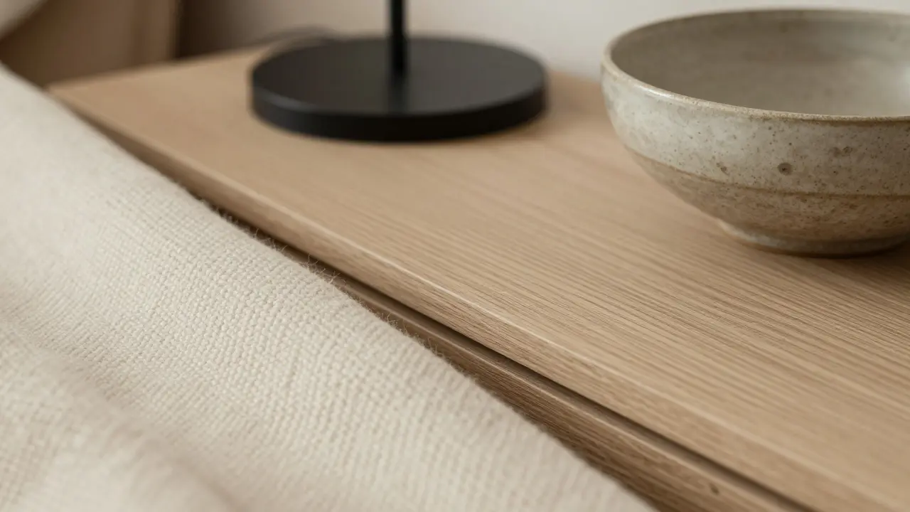 Detailaufnahme von Naturmaterialien wie Holzmaserung und Wolltextilien
