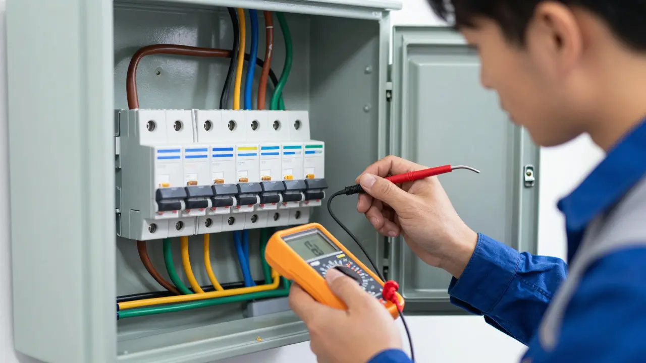 Elektriker prüft Sicherungskasten mit Messgerät