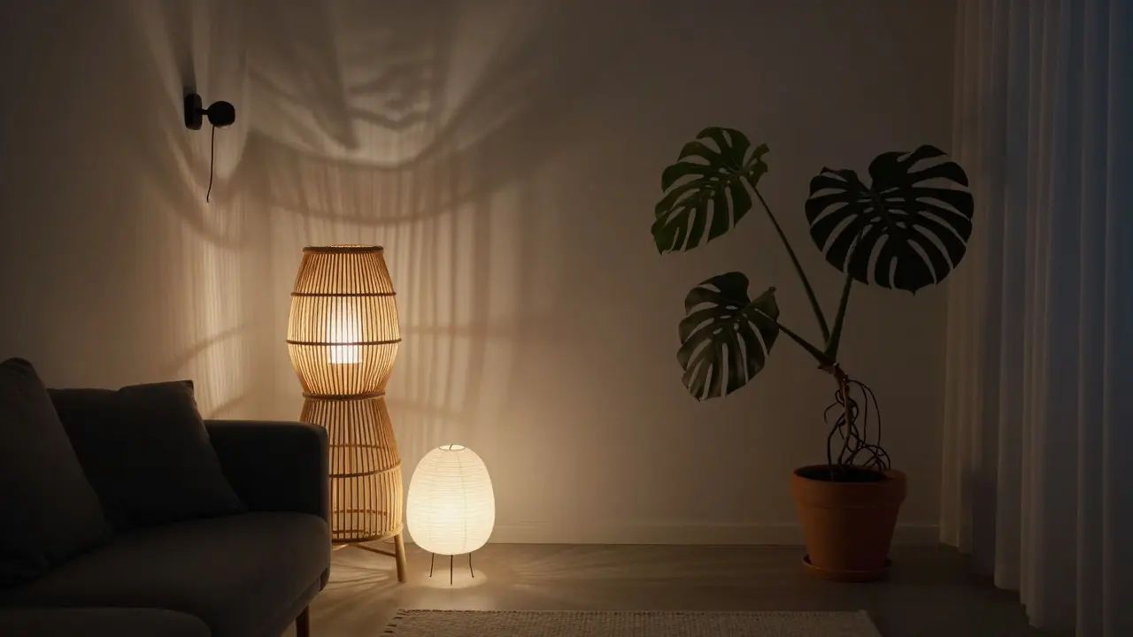 Gemütliches Abendlicht in einem minimalistischen Wohnraum mit Pflanzen