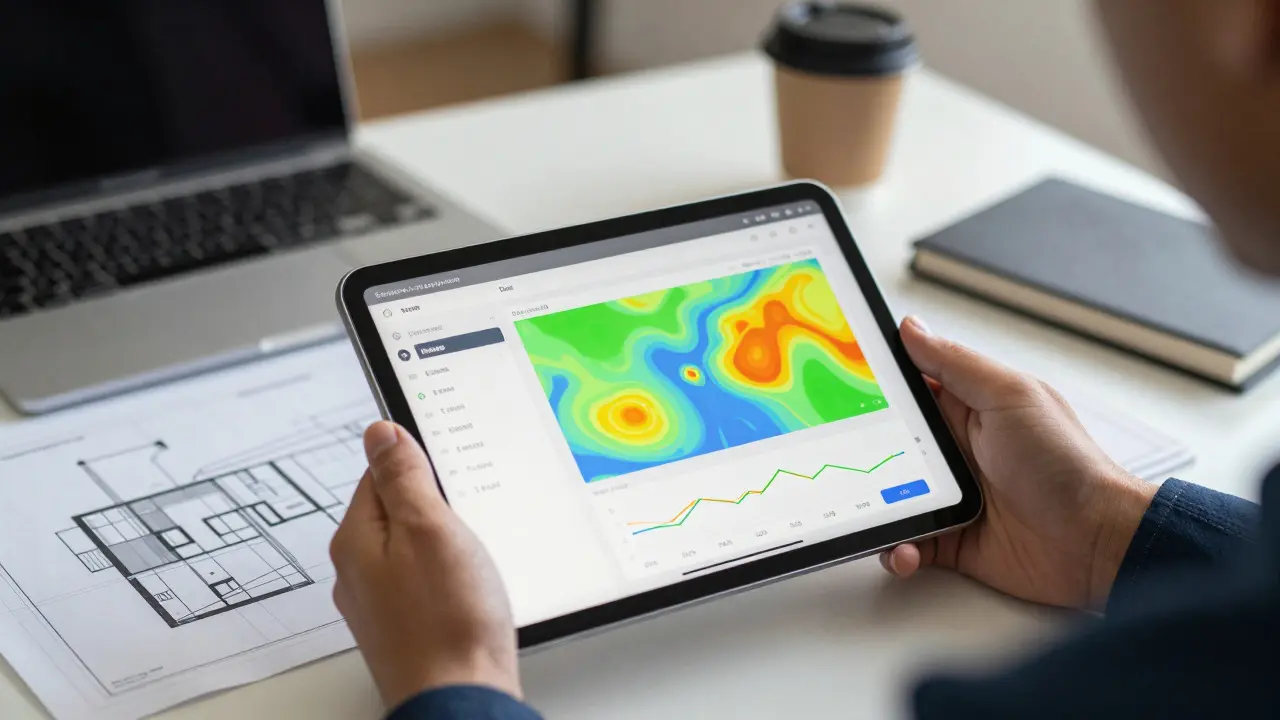 Hände eines Immobilienmanagers halten ein Tablet mit einer Analyse-Dashboard-Ansicht