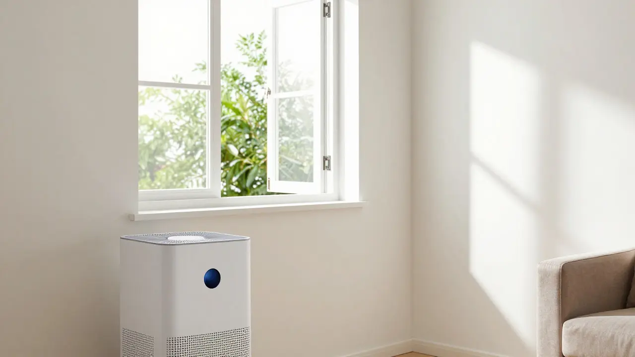 Helles Wohnzimmer mit offenem Fenster und Entfeuchter für ein gesundes Raumklima