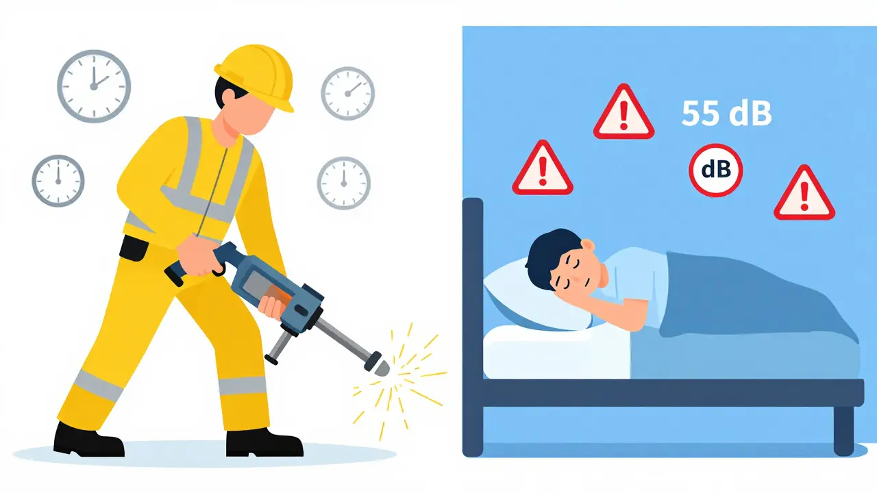 Illustration: Handwerker mit Bohrhammer vs. schlafender Nachbar und Dezibel-Messung