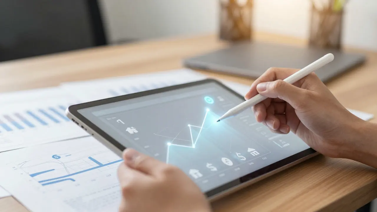 Investitionsanalyse von Immobilien auf digitalem Tablet