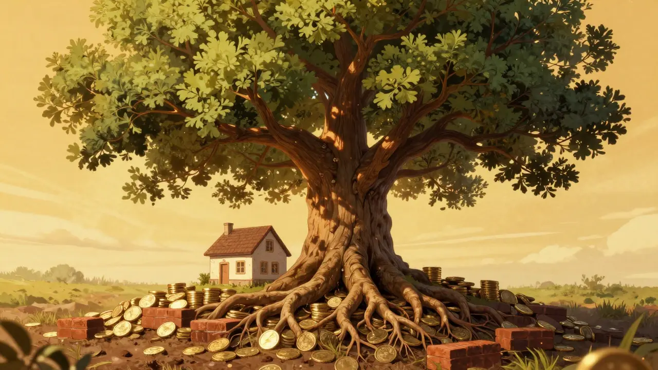 Konzeptionelle Illustration eines Baumes, der ein Haus schützt