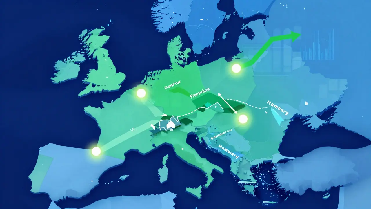 Konzeptionelle Karte Deutschlands mit wachsenden Logistik-Hubs in Top-Städten