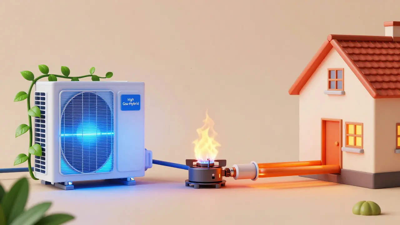 Konzeptuelle Darstellung von Wärmepumpe, Gas-Hybrid und Fernwärme als Heizoptionen
