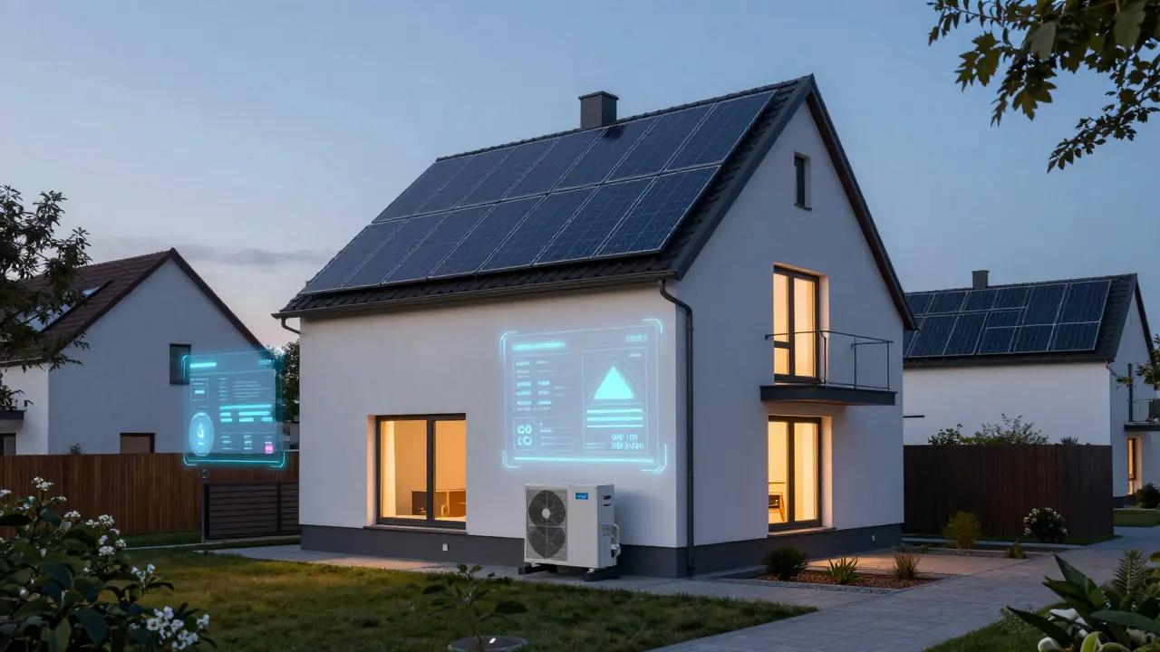 Modernes Haus mit Wärmepumpe und Smart-Home-Technologie bei Dämmerung