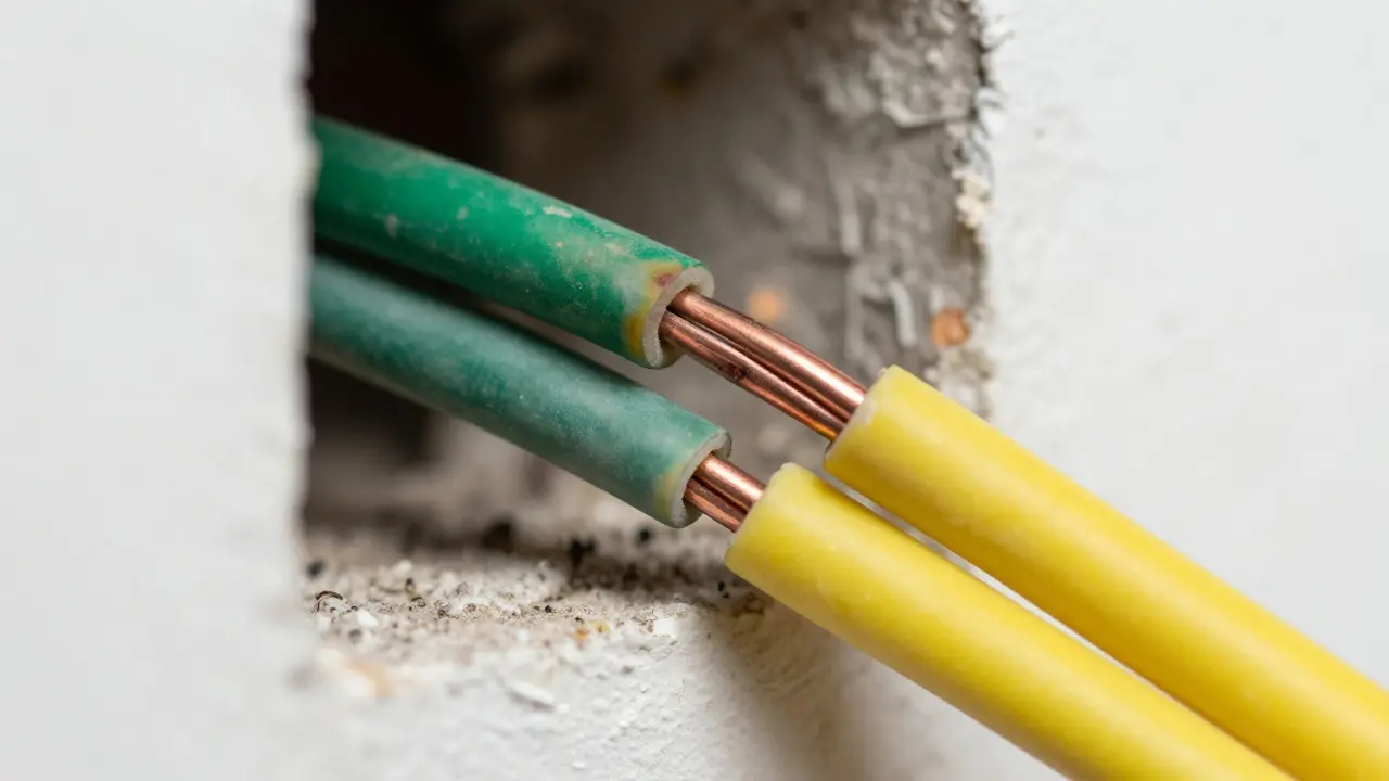 Nahaufnahme alter, überhitzter Kabel neben neuen Leitungen