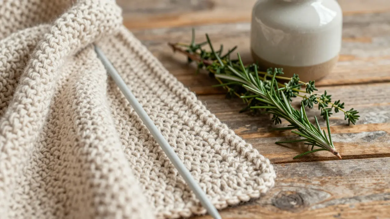 Nahaufnahme von Handarbeit: Häkeldecke, Nadeln und frische Kräuter auf Holztisch