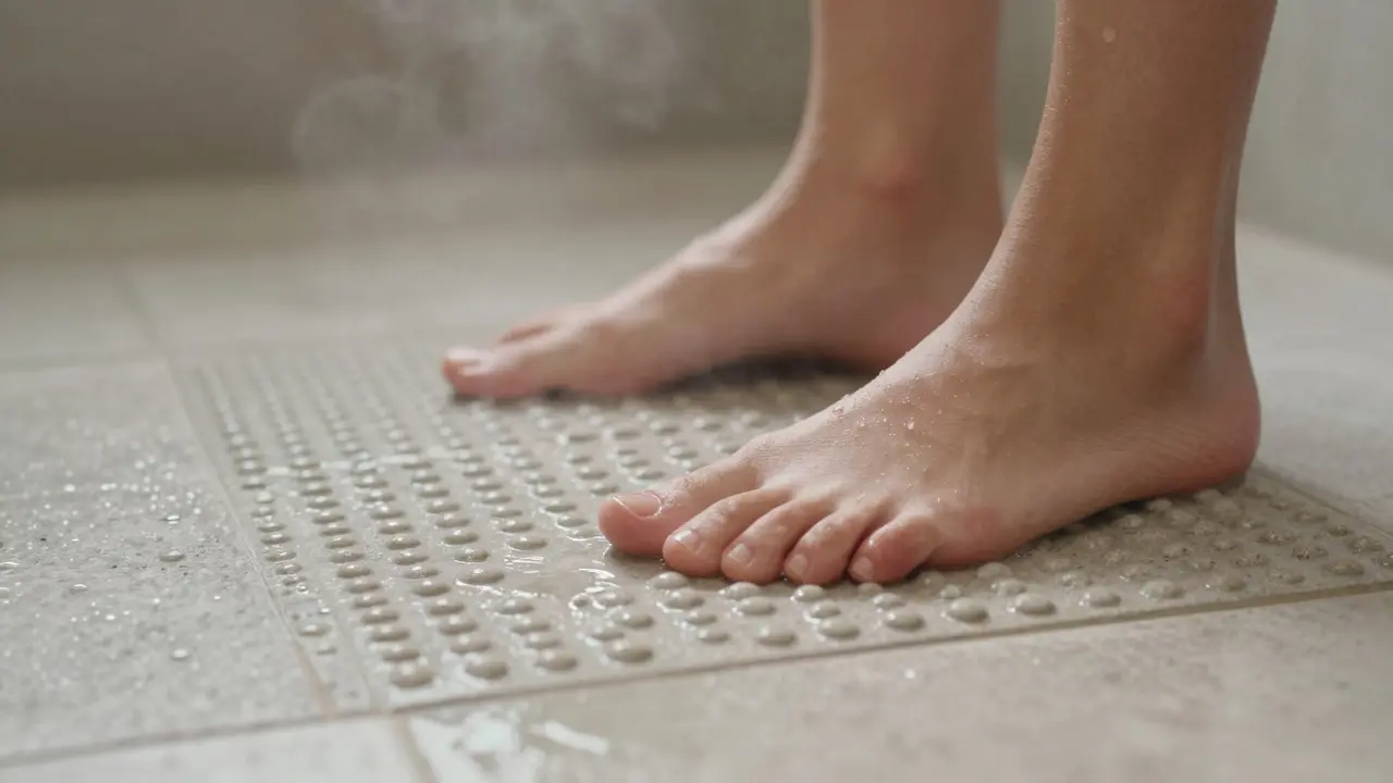 Nasse Füße auf rutschhemmendem Bodenbelag in der Dusche