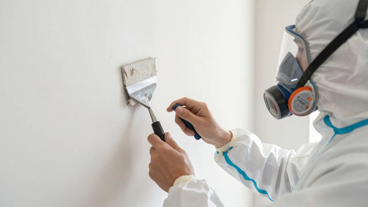Person in Schutzkleidung kratzt Schimmel von der Wand und misst die Restfeuchte
