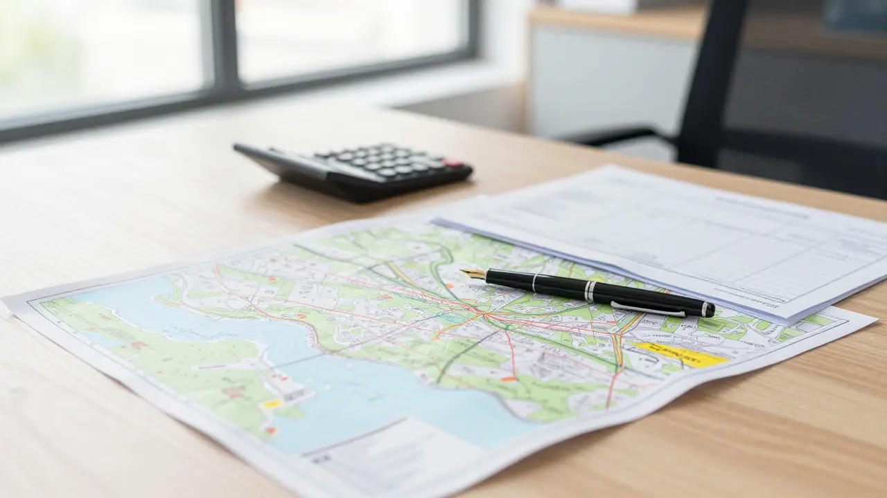 Professioneller Schreibtisch mit Karten und Rechenwerkzeugen zur Immobilienbewertung