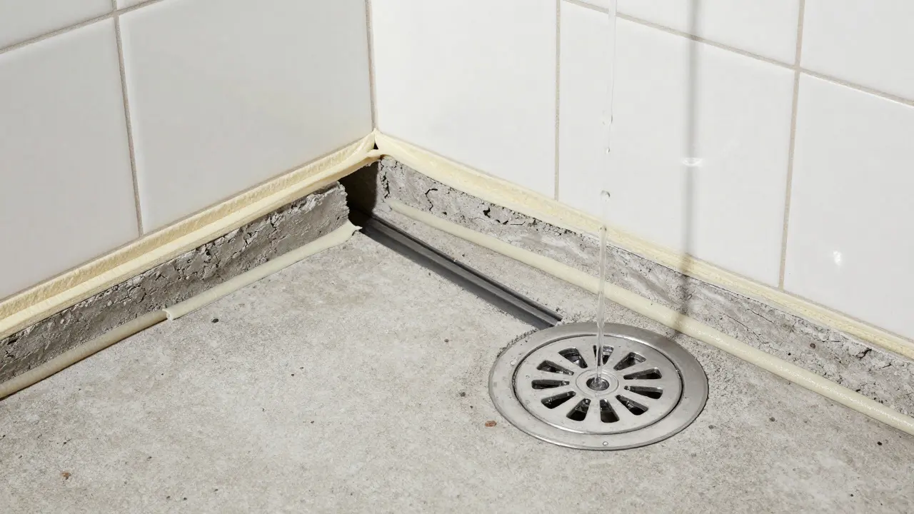 Querschnitt der Abdichtung und des Gefälles bei einer bodengleichen Dusche