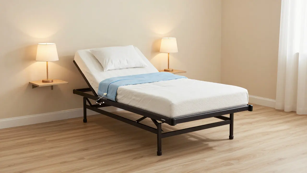 Schlafzimmer mit höhenverstellbarem Pflegebett und Freiraum