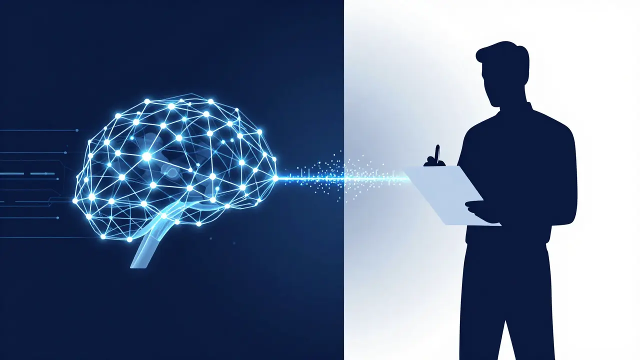 Split image showing neural network data processing and a human making decisions