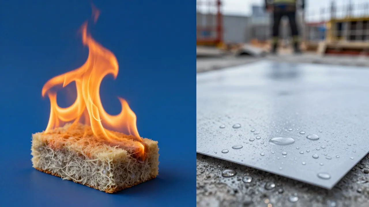 Vergleich von Brandbeständigkeit bei Mineralwolle und Wasserdichtigkeit von XPS