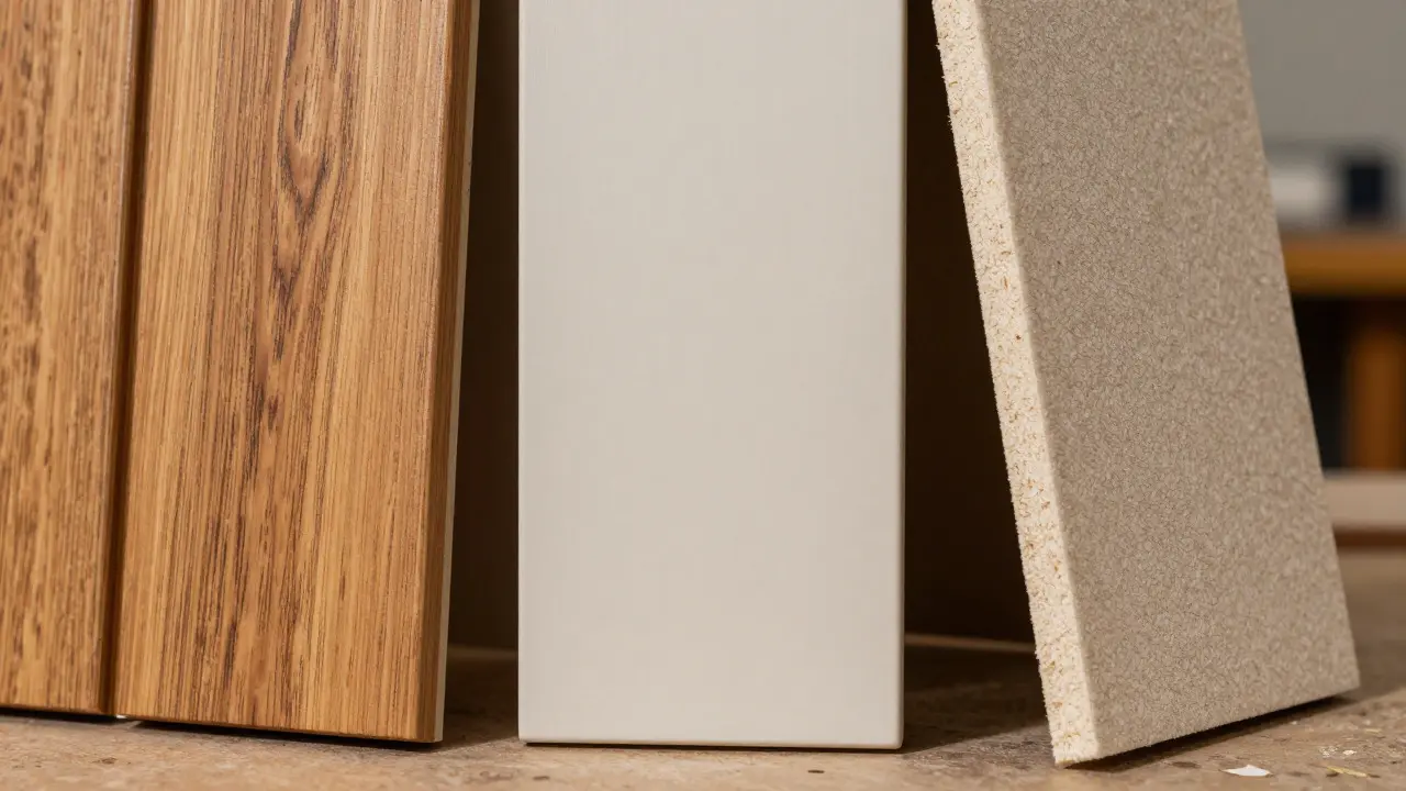 Vergleich von Holz-, MDF- und Akustikpaneelen auf Werkbank