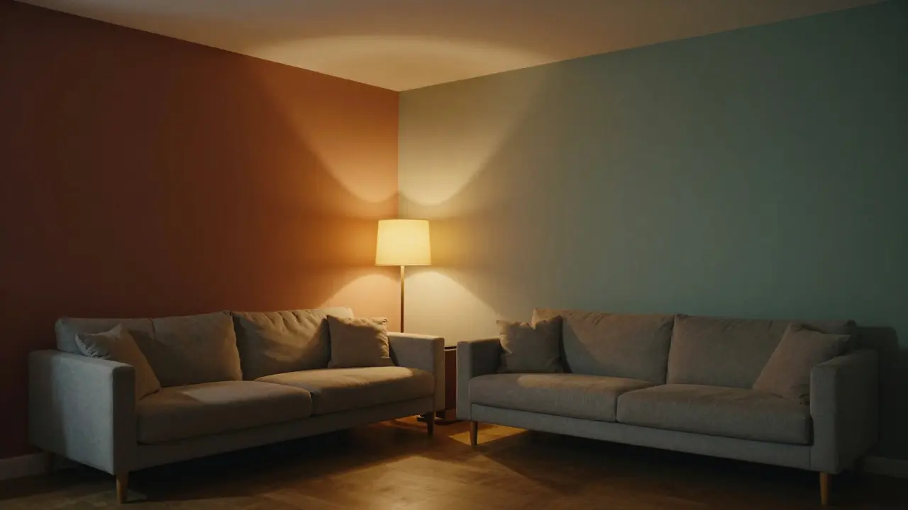 Wohnzimmer unter warmem und kühlem Kunstlicht zur Farbwahrnehmung