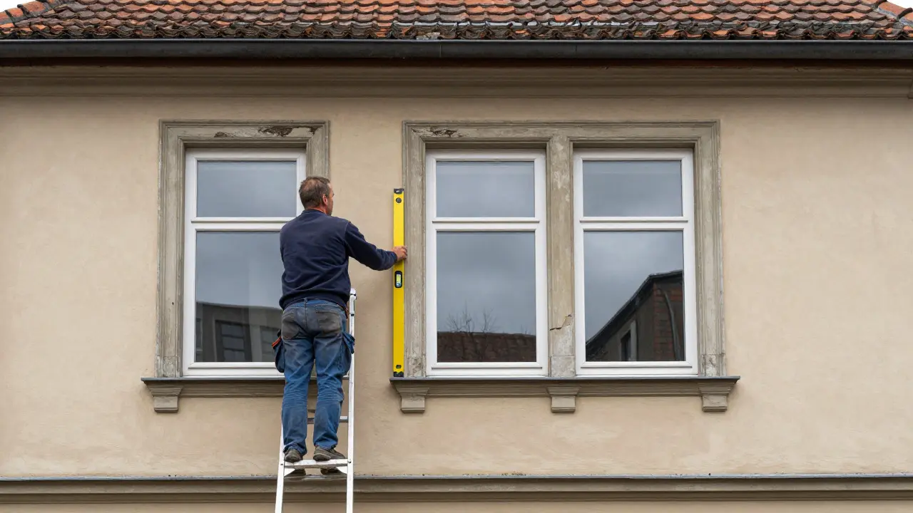 Worker installing a new window of the same size on a traditional house facade