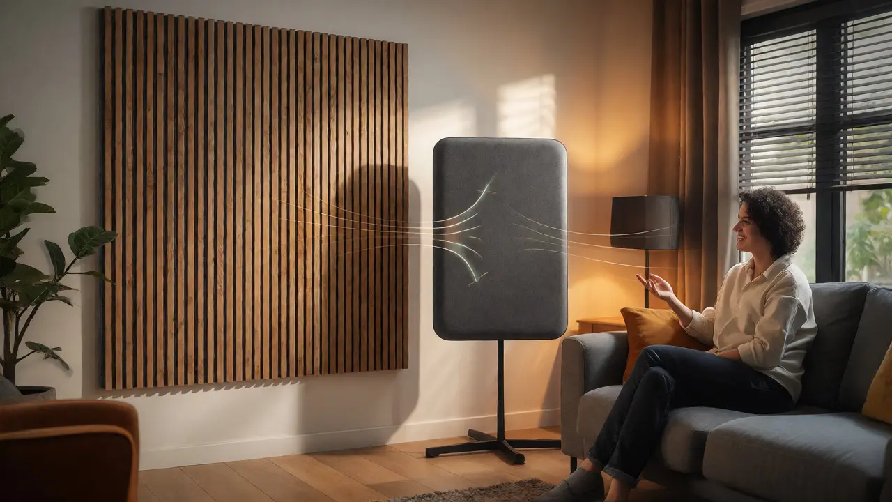 Akustikpaneele an der Wand verbessern die Raumakustik im Wohnzimmer