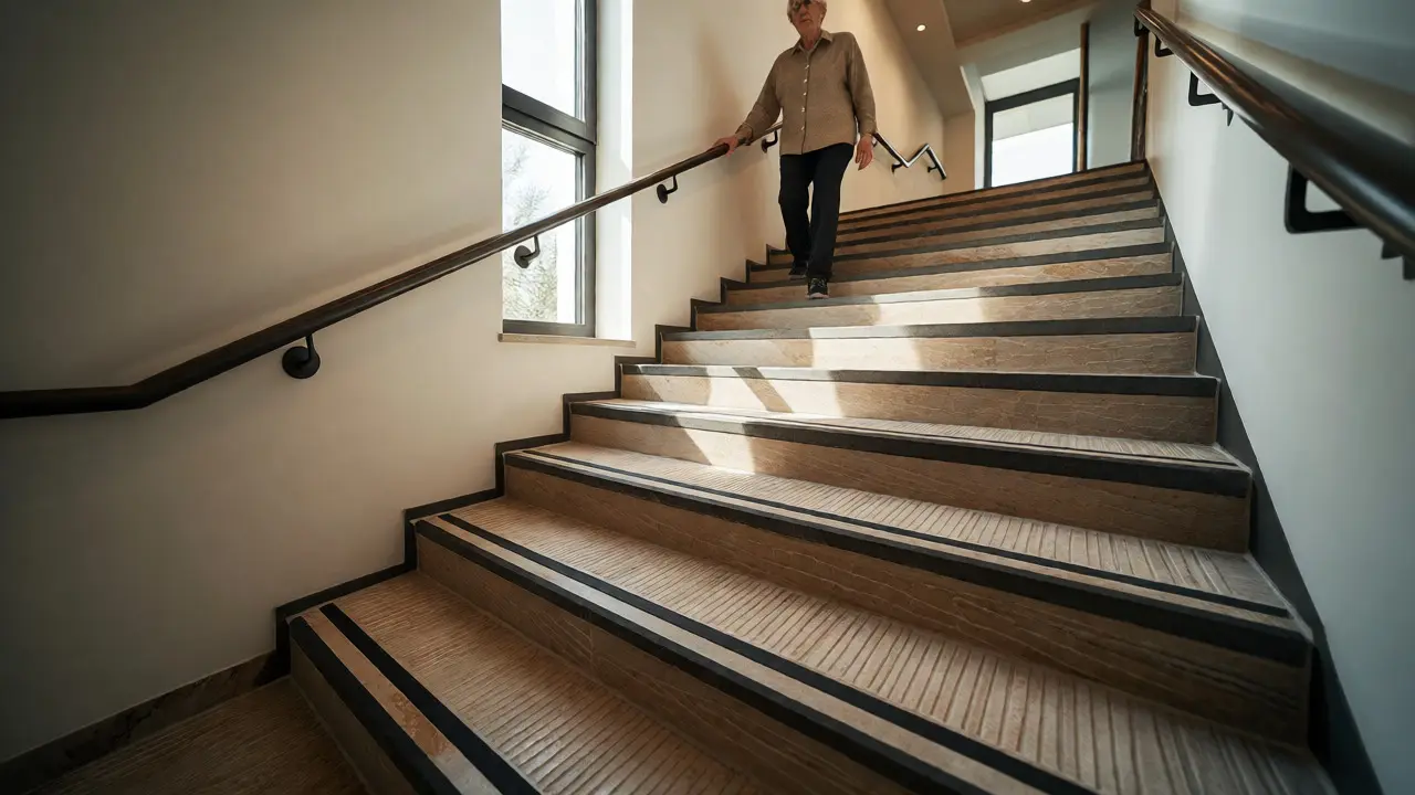 Barrierefreie Treppe mit Rutschhemmung und Haltegriff
