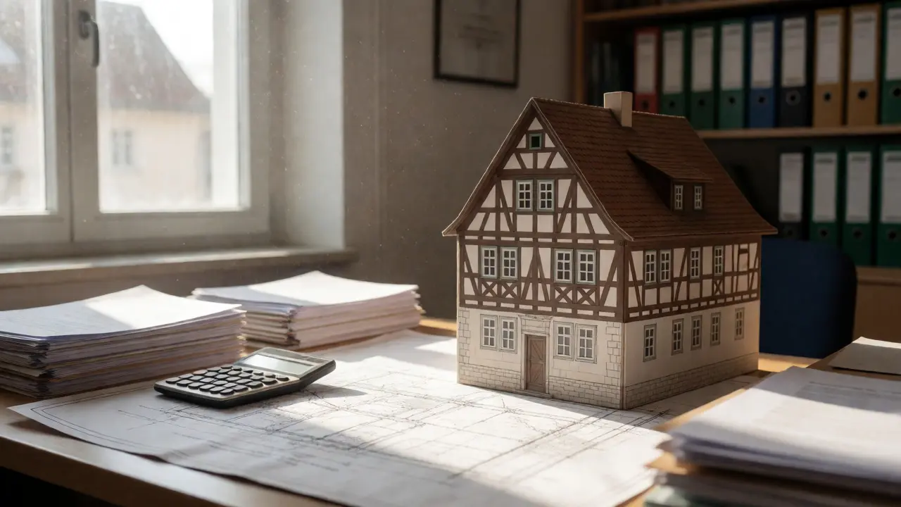 Bürotisch mit Architekturplänen und Dokumenten einer Denkmalschutzbehörde