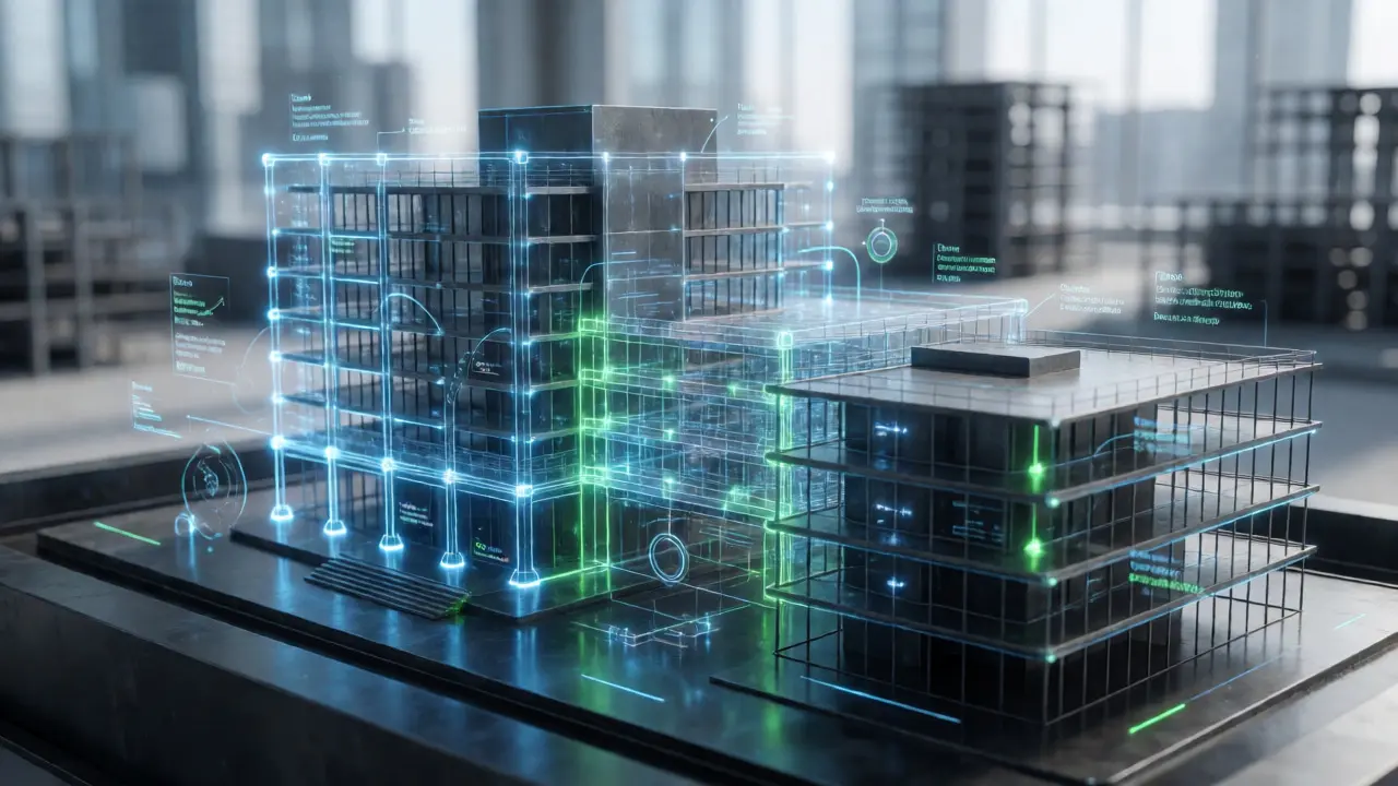 Digitales BIM-Modell eines Gebäudes mit holographischen Datenströmen zur Zertifizierung.