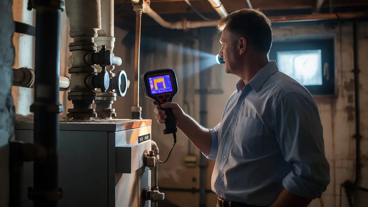 Energieberater inspiziert eine alte Heizungsanlage im Keller mit einer Wärmebildkamera zur Erkennung von Wärmeverlusten.