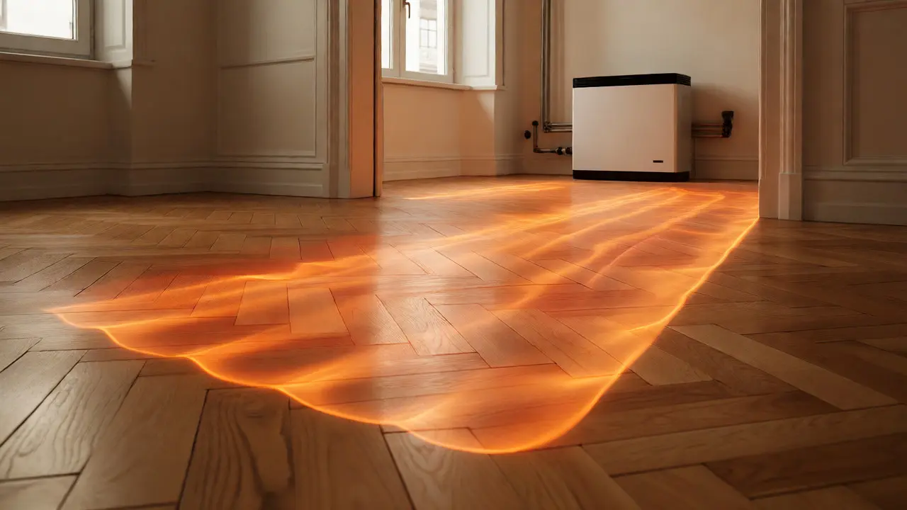 Fertiger Parkettboden mit visualisierter Wärmeabgabe im sanierten Altbau