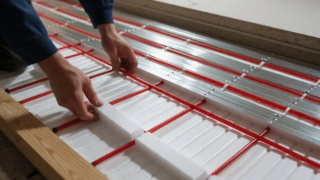 Installation eines Trocken-Fußbodenheizungssystems mit Rohren und Blechen