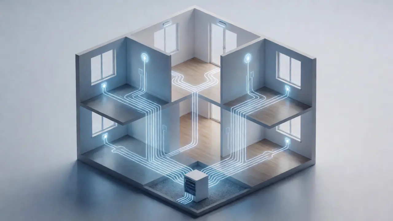 Isometrische Illustration eines Hauses mit leuchtenden Netzwerklinien von der Zentrale zu den Räumen.