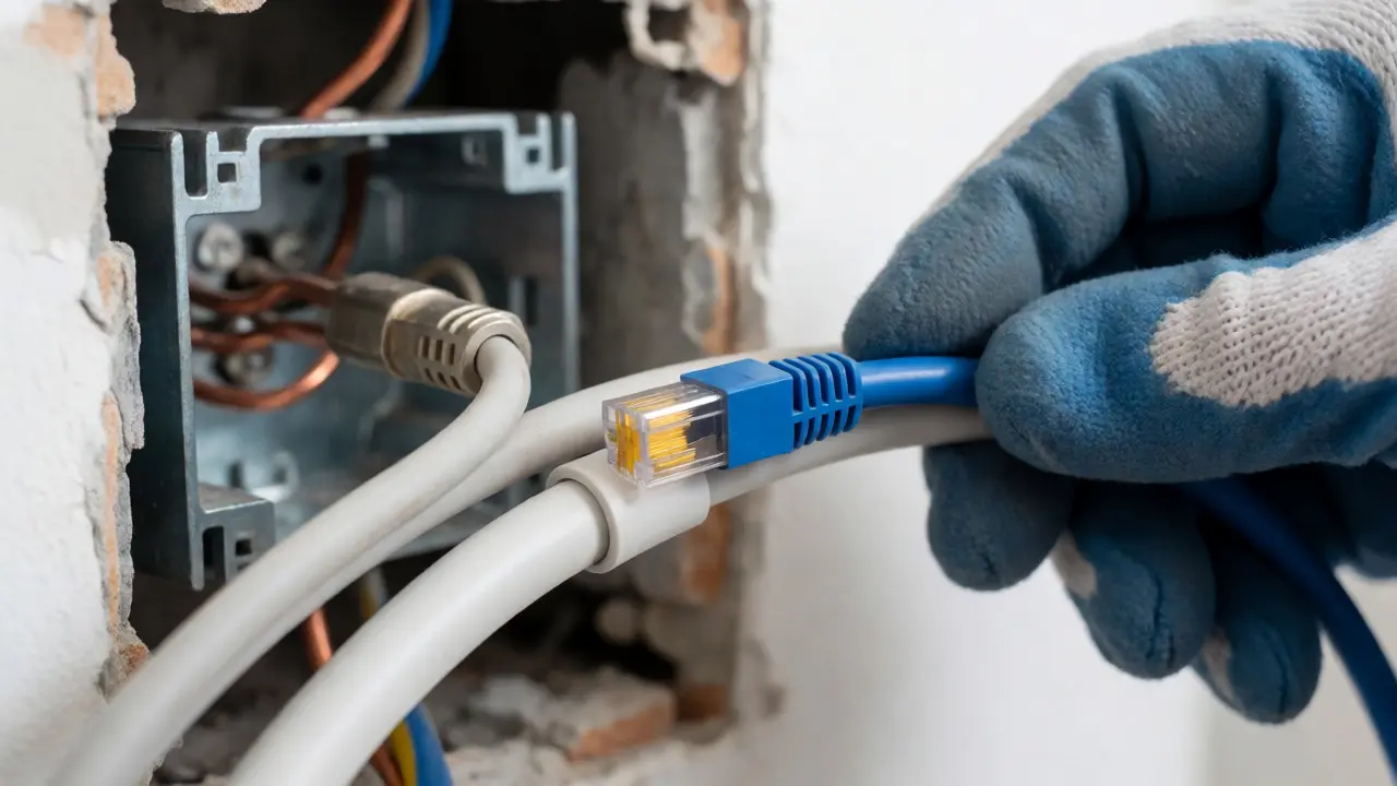 Nahaufnahme einer Hand, die ein Netzwerkkabel durch ein Leerrohr neben Stromkabeln führt.