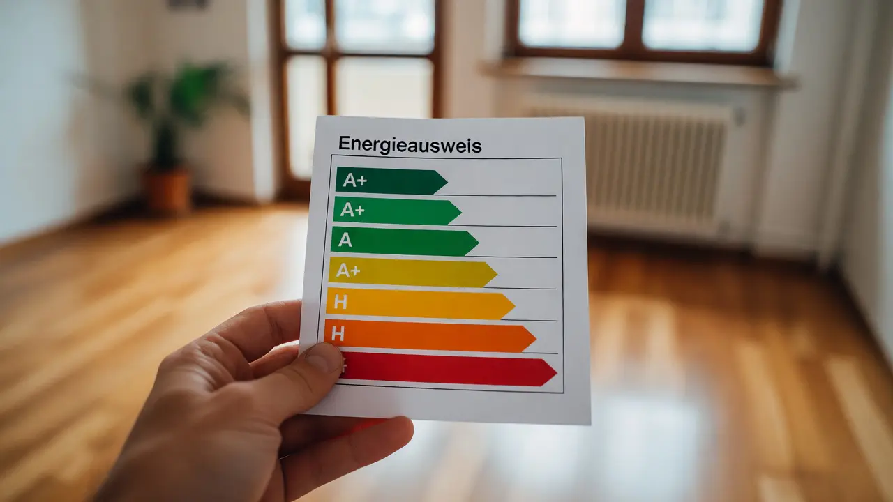 Nahaufnahme eines Energieausweises mit Fokus auf die Effizienzskala im Wohnkontext.