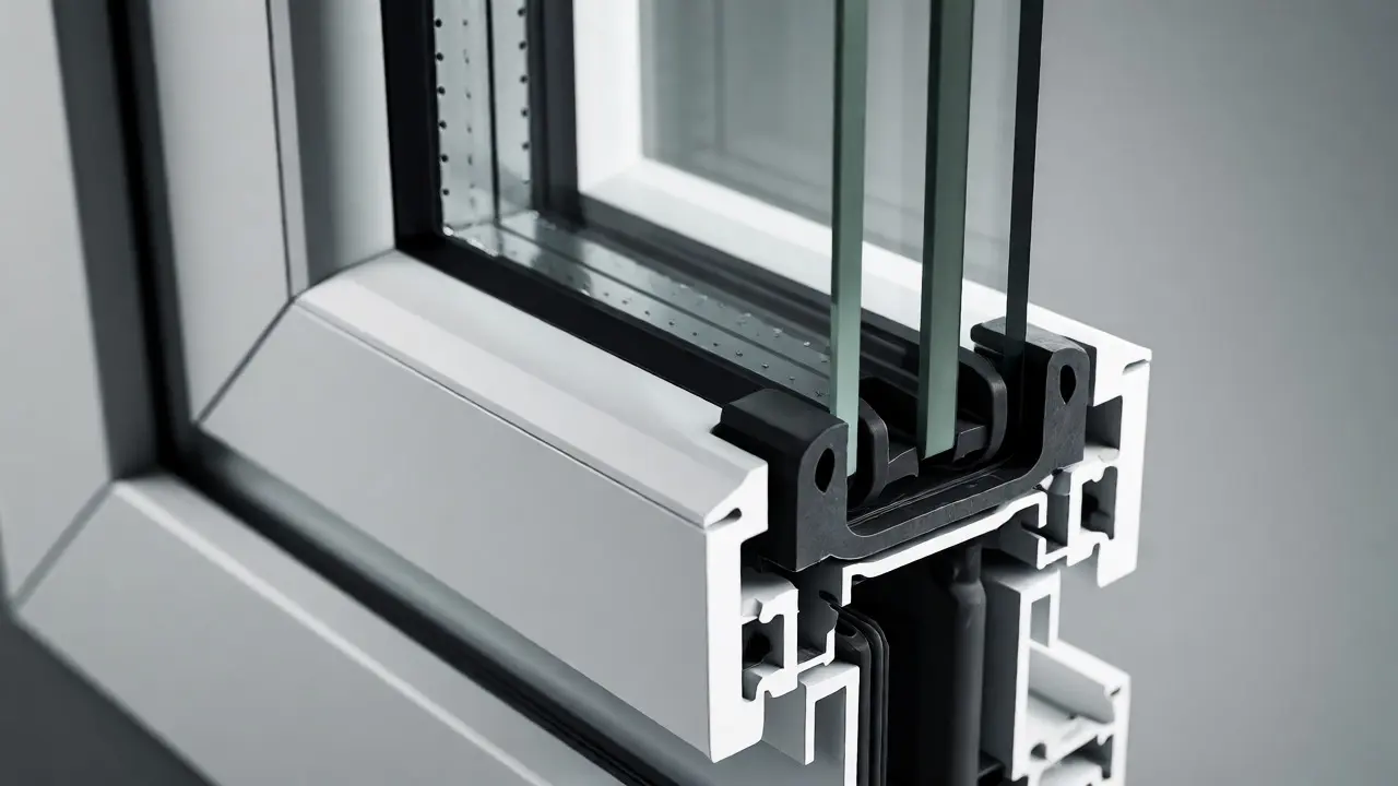 Nahaufnahme eines modernen, wasserdichten Fensterprofils mit Dichtungen