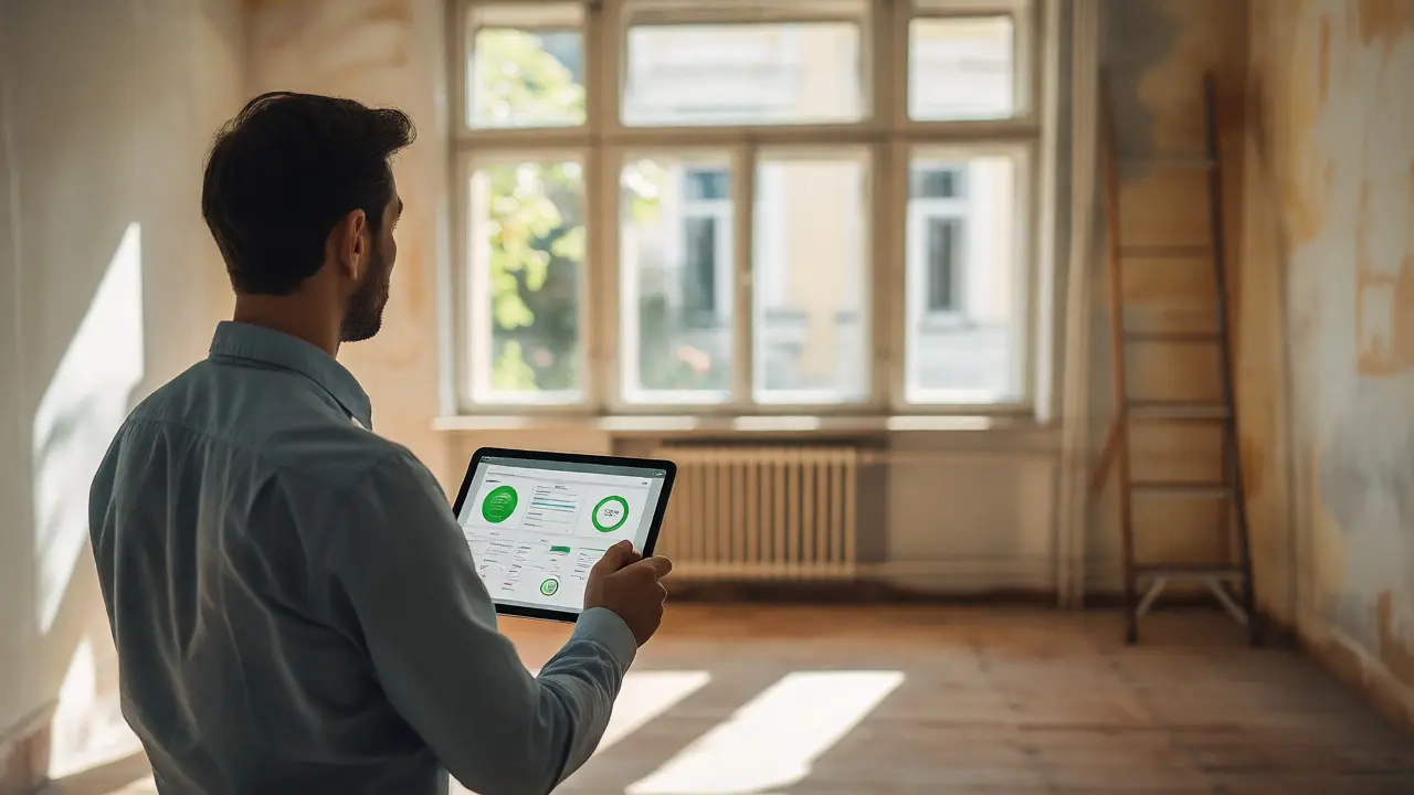 Projektmanager prüft Budget-App auf Tablet in renoviertem Raum