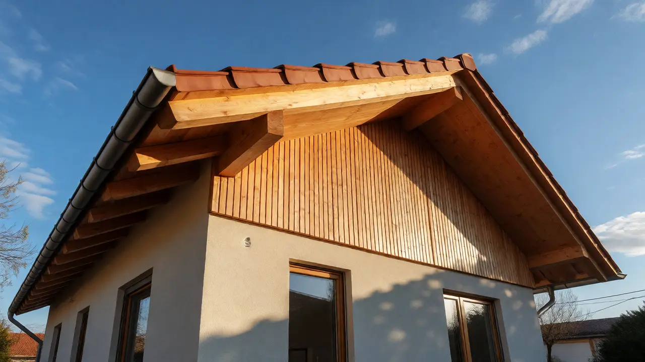 Renoviertes Hausfassade mit neuem Holz verkleidetem Dachüberstand im Sonnenlicht.