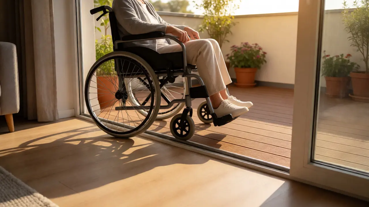 Rollstuhlfahrer fährt barrierefrei vom Wohnraum auf den Balkon