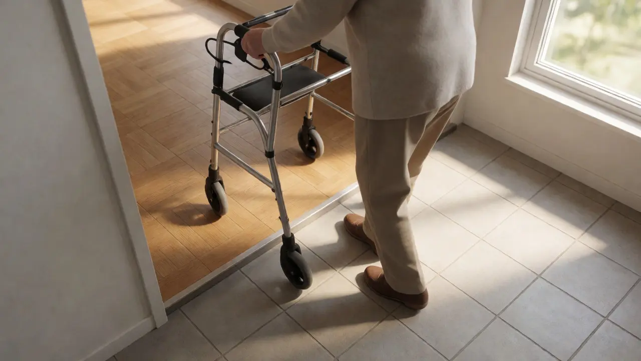 Senior mit Rollator vor einer gefährlichen Bodenschwelle